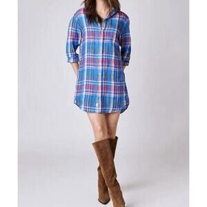 Frank & Eileen MARY Blue Plaid Linen Shirt Dress Size L $298 MSRP Italy - XXS